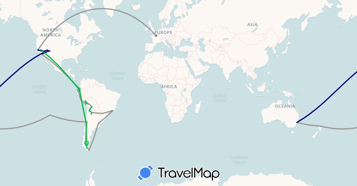 TravelMap itinerary: driving, bus, plane, boat in Argentina, Australia, Bolivia, Brazil, Chile, Ecuador, France, New Zealand, Peru, United States (Europe, North America, Oceania, South America)